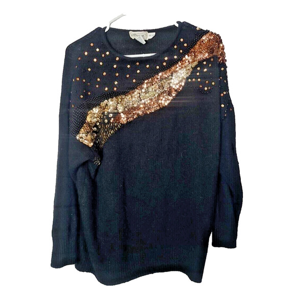 Diana Marco Black Embellished Sequin Knit Stretch Pullover Sweater Womans SZ 24W - Picture 1 of 4